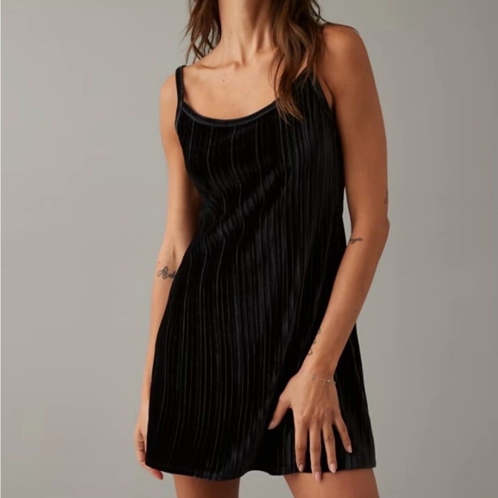 American Eagle Outfitters Faux Velvet Black Mini Dress